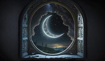 mystisch Fenster mit Halbmond Mond im Nacht Himmel, islamisch Gruß eid Mubarak zum Muslim Feiertage. eid-ul-adha Festival Feier. Arabisch Ramadan karem, generieren ai foto