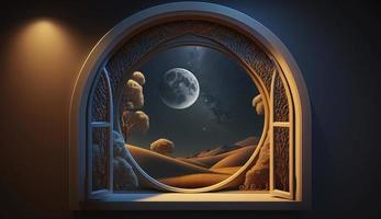 mystisch Fenster mit Halbmond Mond im Nacht Himmel, islamisch Gruß eid Mubarak zum Muslim Feiertage. eid-ul-adha Festival Feier. Arabisch Ramadan karem, generieren ai foto