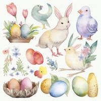 ein einstellen von Vektor Aquarell Ostern Elemente im Pastell- Farben, generieren ai foto