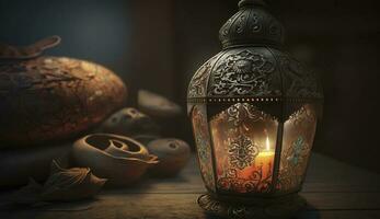 Zier Arabisch Laterne mit Verbrennung Kerze glühend . festlich Gruß Karte, Einladung zum Muslim heilig Monat Ramadan karem. Ramadan kareem Gruß Foto mit heiter Moschee Hintergrund, generieren ai