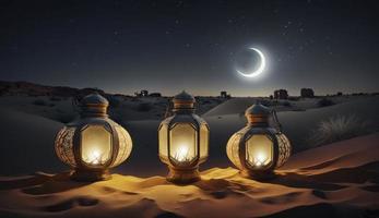 glühend Muslim Laternen steht im das Wüste beim Nacht Himmel auf voll Mond. Ramadan Feier, generieren ai foto
