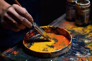 Hand Künstler Dips Bürste in Farbe generativ ai foto