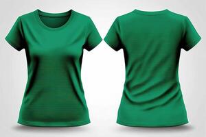 Foto realistisch weiblich Grün T-Shirts mit Kopieren Raum, Vorderseite und zurück Sicht. ai generiert