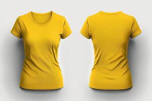 Foto realistisch weiblich Gelb T-Shirts mit Kopieren Raum, Vorderseite und zurück Sicht. ai generiert