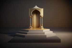 3d luxuriös und elegant islamisch angehaucht Podium zum Produkt Anzeige, Ramadan Podium. ai generiert foto