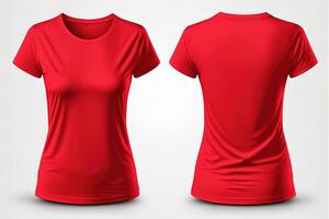 Foto realistisch weiblich rot T-Shirts mit Kopieren Raum, Vorderseite und zurück Sicht. ai generiert