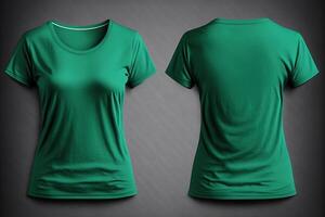 Foto realistisch weiblich Grün T-Shirts mit Kopieren Raum, Vorderseite und zurück Sicht. ai generiert