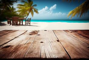 Tabelle im Vorderseite von verschwommen tropisch Strand von Sommer- Zeit Hintergrund. ai generiert foto