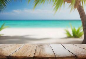 Tabelle im Vorderseite von verschwommen tropisch Strand von Sommer- Zeit Hintergrund. ai generiert foto