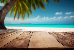 Tabelle im Vorderseite von verschwommen tropisch Strand von Sommer- Zeit Hintergrund. ai generiert foto