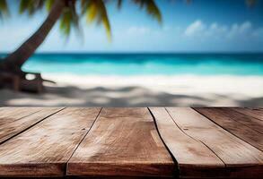 Tabelle im Vorderseite von verschwommen tropisch Strand von Sommer- Zeit Hintergrund. ai generiert foto