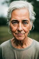 Porträt von ein Alten Frau mit grau Haar und Falten auf ihr Gesicht. generativ ai. foto