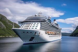 groß Kreuzfahrt Schiff im Fjorde. Tourismus Ferien und Sommer- reisen. generativ ai foto