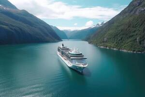 groß Kreuzfahrt Schiff im Fjorde. Tourismus Ferien und Sommer- reisen. generativ ai foto