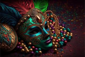 venezianisch Karneval Maske und Perlen Dekoration Hintergrund durch ai generiert foto