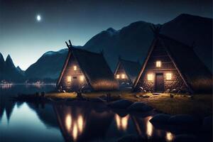 Wikinger Häuser im ein Wikinger Landschaft durch ai generiert foto