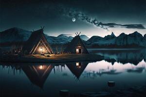 Wikinger Häuser im ein Wikinger Landschaft durch ai generiert foto
