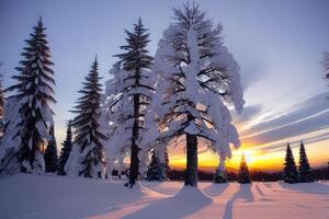 Winter Sonnenuntergang im ein Winter Wunderland Landschaft durch ai generiert foto