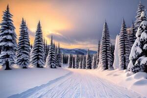 Winter Sonnenuntergang im ein Winter Wunderland Landschaft durch ai generiert foto