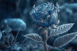 einer gefroren Blau Rose mit Eis Kristalle durch ai generiert foto