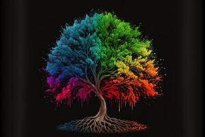 Regenbogen Baum isoliert schwarz Hintergrund durch ai generiert foto