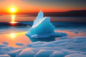 Eisberg im das Ozean Sonnenaufgang oder Sonnenuntergang durch ai generiert foto