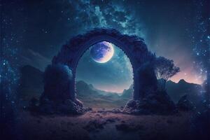 Fantasie Nachtzeit Szene Zukunft mit abstrakt Insel Mondlicht durch ai generiert foto