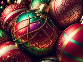 Weihnachten Bälle mit Komplex Ornamente Nahansicht durch ai generiert foto