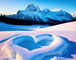 ein Herz geformt Stück von Eis mit Berge im das Hintergrund durch ai generiert foto