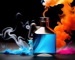 ein Flasche gefüllt mit Flüssigkeit und farbig Rauch durch ai generiert foto