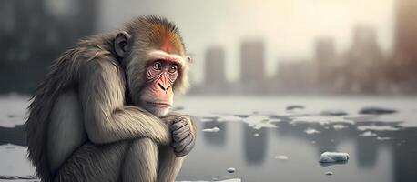 Affen sind traurig zu sehen global Erwärmen, verzweifelt und Depression Tier, generativ ai Technologie foto