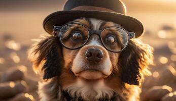 schließen oben Hund tragen Brille und Hut erstellt mit generativ ai Technologie foto