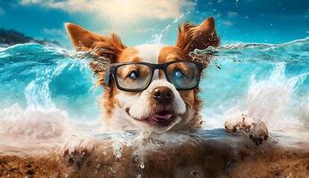 wann Hund schwimmt im Strand mit klar Wasser, erstellt mit generativ ai Technologie foto
