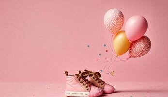 Rosa Baby Schuhe mit bunt Ballon auf Rosa Hintergrund mit Raum zum Text. minimal Feiertag Konzept, generativ ai foto