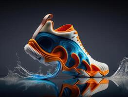 futuristisch Tennis Schuh Konzept, Orange und Blau, Flüssigkeit form, generativ ai foto