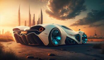 Foto von ein Supersportwagen, futuristisch Stadt im das Hintergrund, generativ ai
