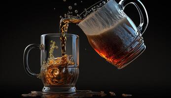 Gießen Bier im Glas und Becher im schwarz Hintergrund, generativ ai foto