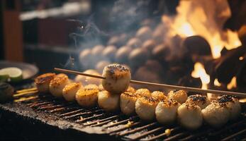 gegrillt Meeresfrüchte Jakobsmuschel und Meer Bengel Eier Spieß mit Rauch, japanisch Straße Essen beim tsukiji Fisch Markt, Japan. generativ ai foto