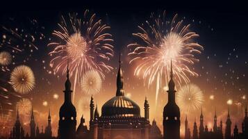 Feier Hintergrund mit ein Moschee und Feuerwerk im das Nacht Himmel. eid Feier Konzept ai generiert Kunstwerk foto