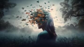 konzeptionelle Bild von ein Mensch Kopf mit bunt Gehirn und Herbst Blätter. mental Gesundheit Konzept ai generiert Kunstwerk foto