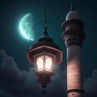 Ramadan kareem Gruß Karte. Arabisch Laternen, Mond und Moschee beim Nacht. ai generiert Kunstwerk foto