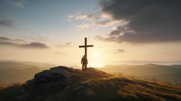 Silhouette von ein Mann Stehen auf ein Berg mit ein Kreuz. ai generiert Kunstwerk foto