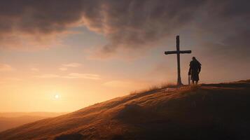 Silhouette von ein Mann Stehen auf ein Berg mit ein Kreuz. ai generiert Kunstwerk foto