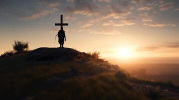 Silhouette von ein Mann Stehen auf ein Berg mit ein Kreuz. ai generiert Kunstwerk foto