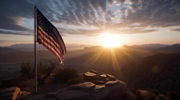 vereinigt Zustände von Amerika Flagge winken im das Wind beim Sonnenuntergang ai generiert Kunstwerk foto