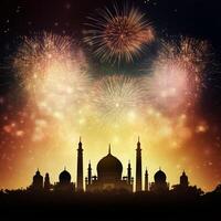 Feier Hintergrund mit ein Moschee und Feuerwerk im das Nacht Himmel. eid Feier Konzept ai generiert Kunstwerk foto