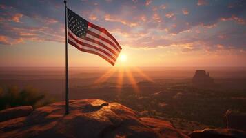 vereinigt Zustände von Amerika Flagge winken im das Wind beim Sonnenuntergang ai generiert Kunstwerk foto
