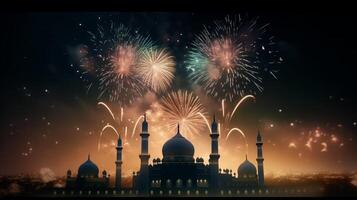 Feier Hintergrund mit ein Moschee und Feuerwerk im das Nacht Himmel. eid Feier Konzept ai generiert Kunstwerk foto