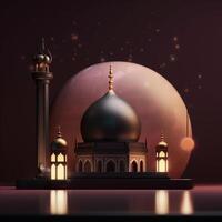 Ramadan kareem Gruß Karte. Arabisch Laternen, Mond und Moschee beim Nacht. ai generiert Kunstwerk foto