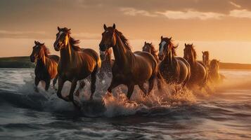 Herde von Pferde galoppierend im das Meer beim Sonnenuntergang im Sommer- ai generiert Kunstwerk foto